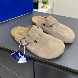 Birkenstock Boston taupe suede mule clogs
